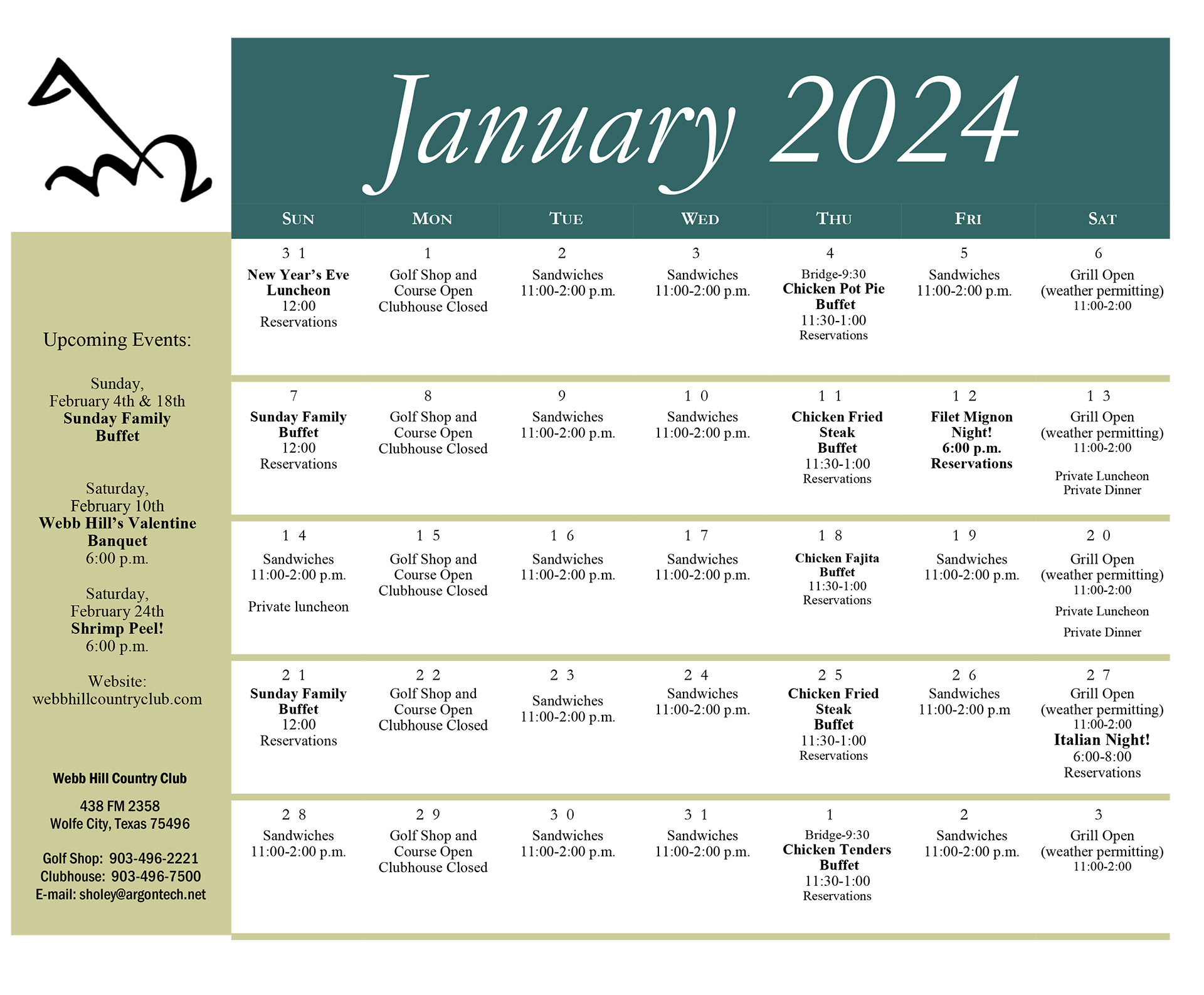Calendar Webb Hill Country Club